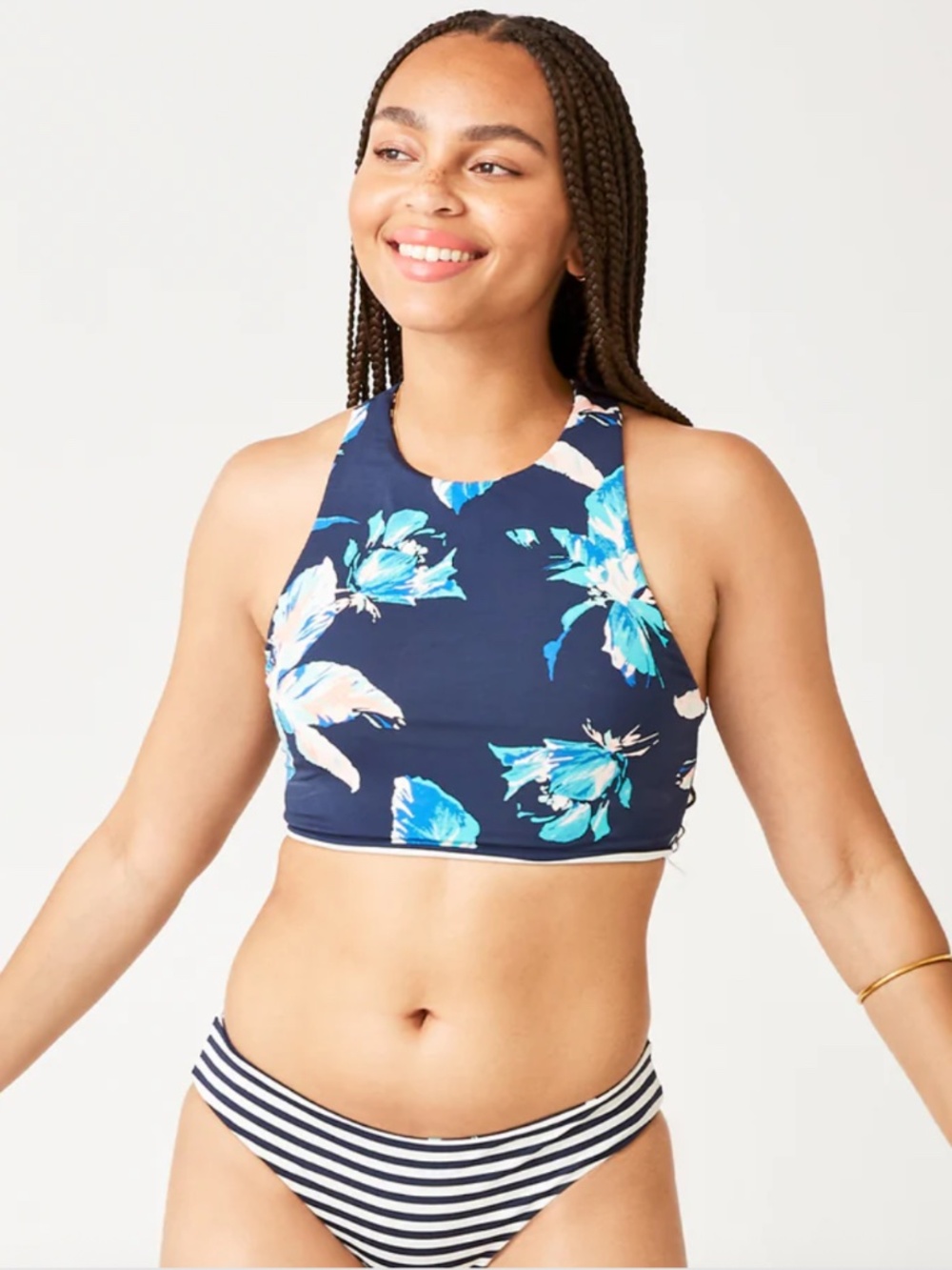 Carve Designs Navy Floral High-Neck Bikini Top with Blue Accents